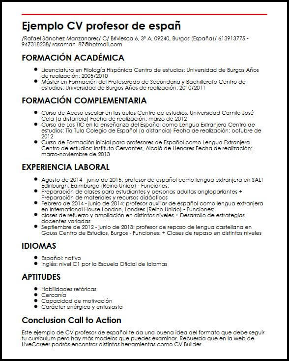 Ejemplo Cv Profesor De Espan